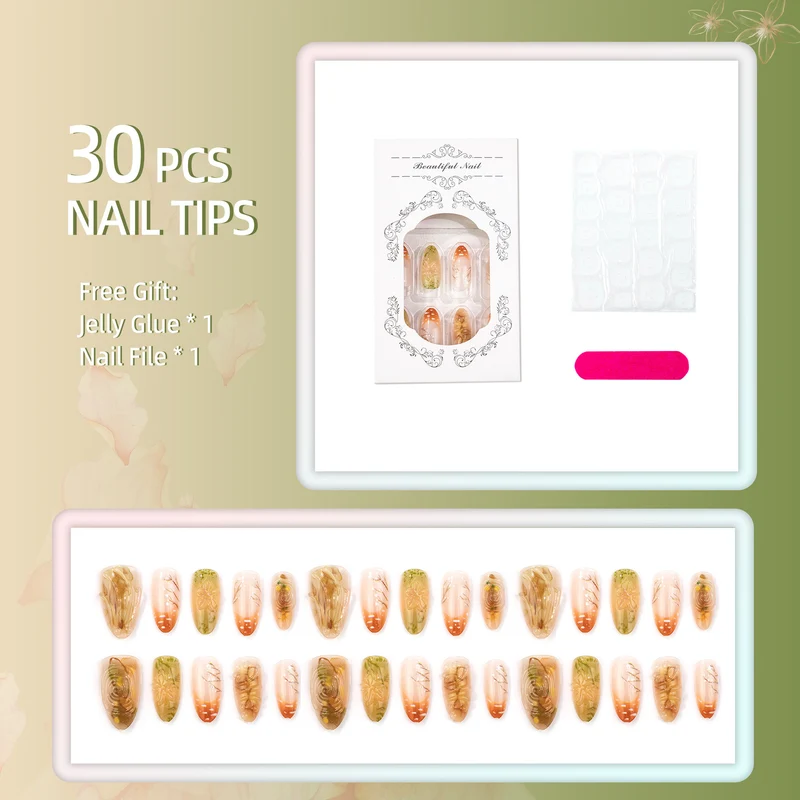 Künstlerisches Press-On-Nail-Set mit floralem und metallischem Design