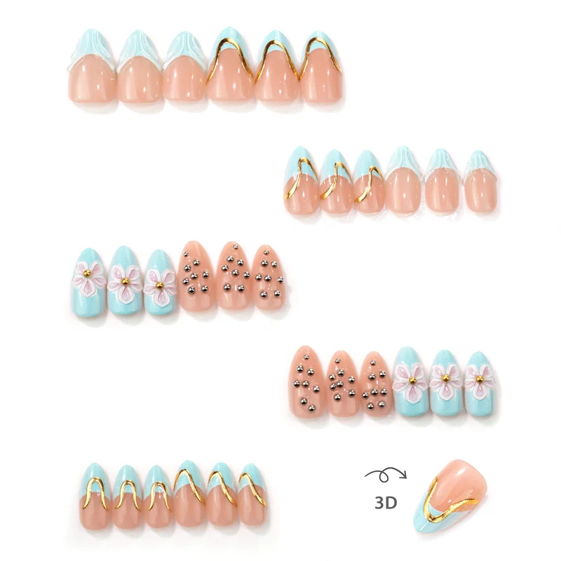 Künstlerisches Press-On-Nagelset mit floralen und metallischen Akzenten