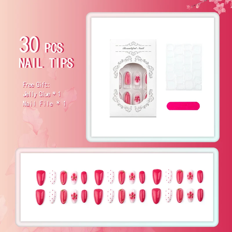 Künstlerisches Press-On-Nagelset mit Blumen- und Punktdesigns