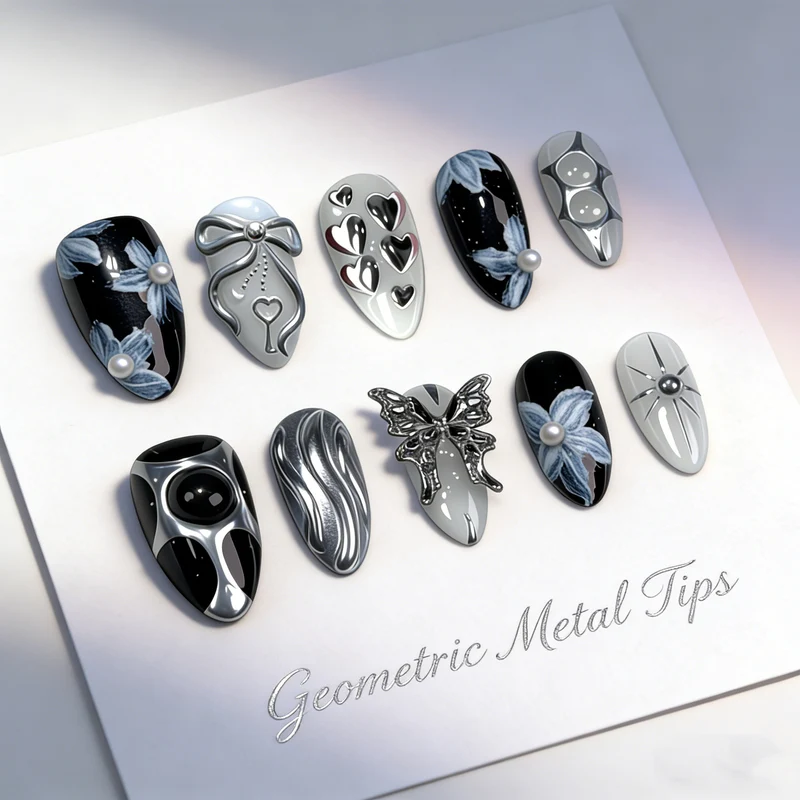 Dekoratives 3D-Blumen- und Metallic-Press-On-Nagelkunst-Set