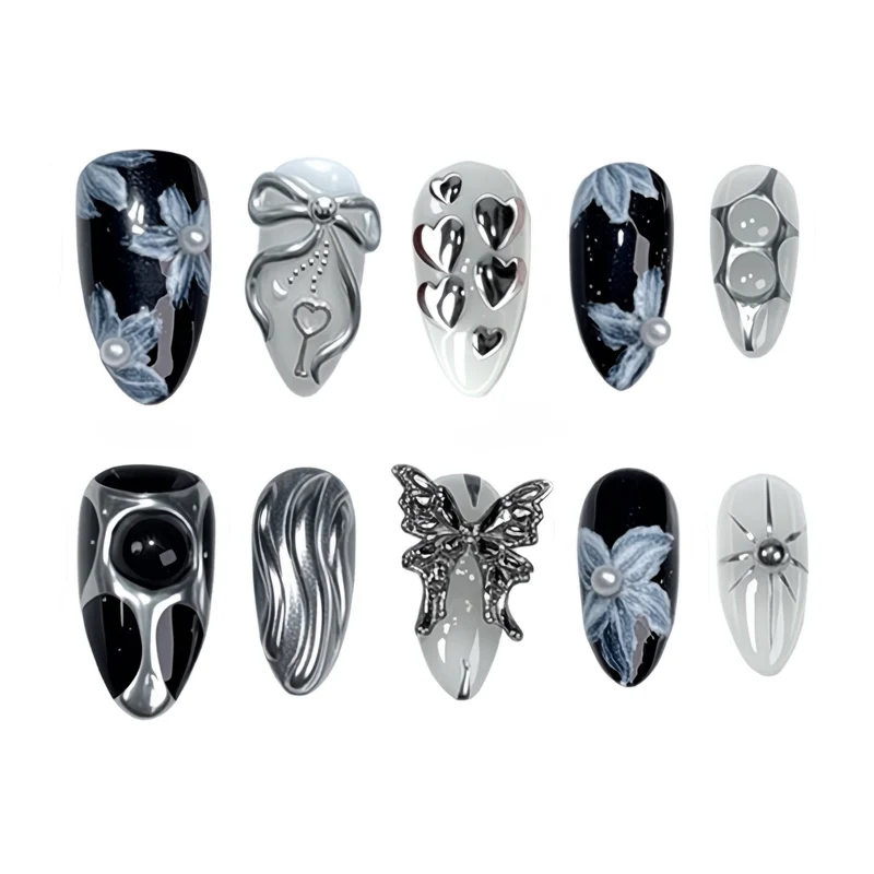 Dekoratives 3D-Blumen- und Metallic-Press-On-Nagelkunst-Set