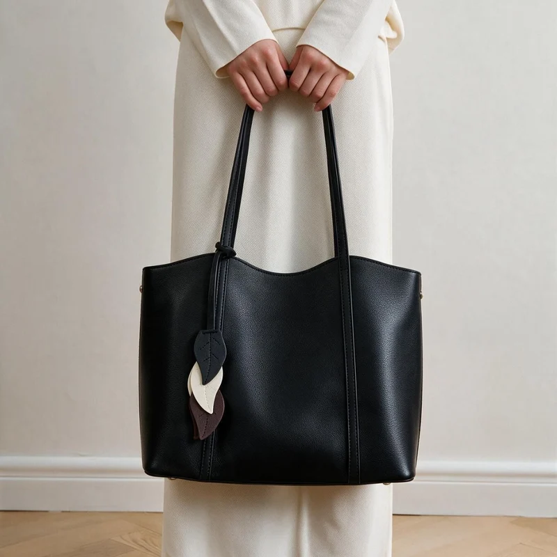 Gepunktetes vegan-leder strukturiertes Tote mit Blattcharm & langen Schulterträgern