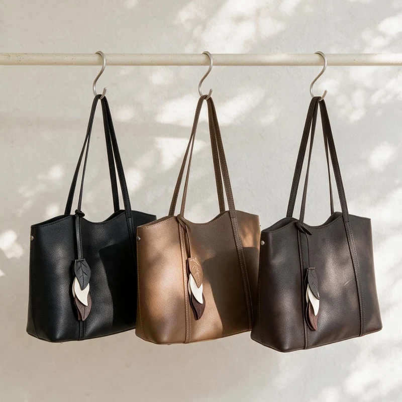 Gepunktetes vegan-leder strukturiertes Tote mit Blattcharm & langen Schulterträgern