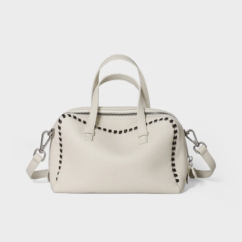 Gepunktetes Leder Top-Handle Crossbody Satchel mit Whipstitch-Besatz