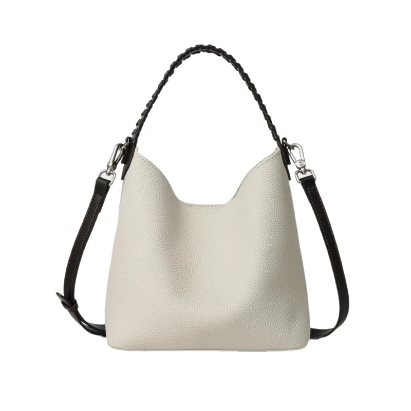 Geriffeltes Leder Bucket Hobo Bag mit geflochtenem Tragegriff und abnehmbarem Schultergurt