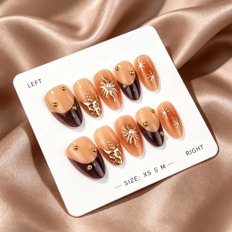 Künstlerisches Press-On-Nagelkunst-Set mit elegantem Sonnen- und Edelsteindesign