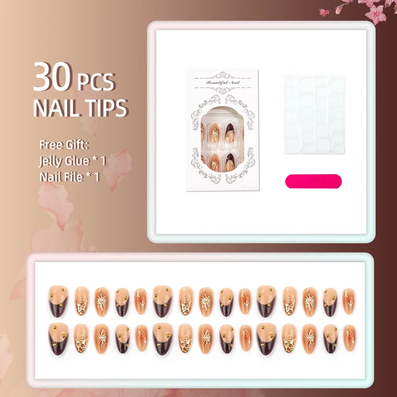Künstlerisches Press-On-Nagelkunst-Set mit elegantem Sonnen- und Edelsteindesign