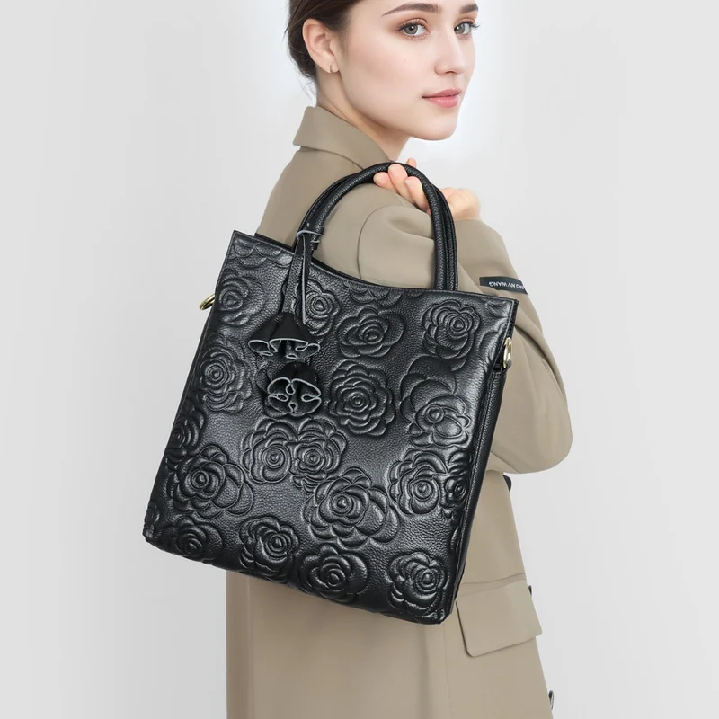 Prägung Floral Vegan Leder Top-Handle Tote mit abnehmbaren Crossbody-Träger