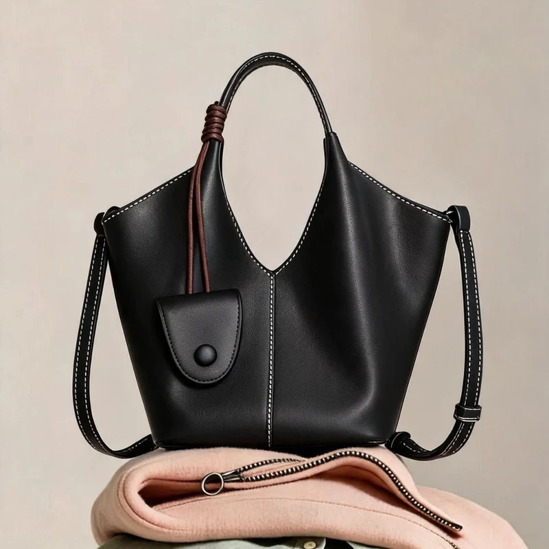 Kragend-Top Weiches Leder Bucket Tote mit Hängender Mini-Tasche