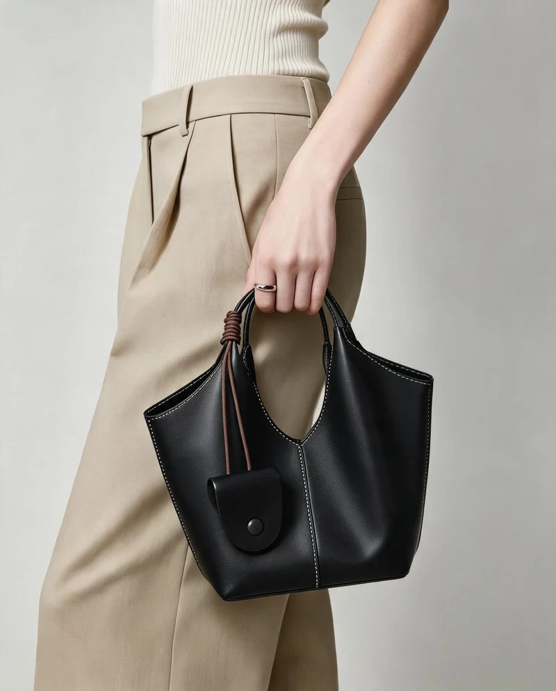 Kragend-Top Weiches Leder Bucket Tote mit Hängender Mini-Tasche
