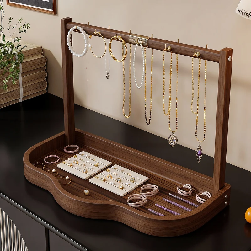 Holz Schmuckdisplay und Tablett Organizer mit Hängestange und Ringfächern