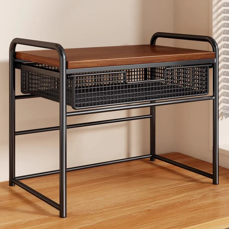 Zwei-Tier Metall- und Holzdruckerstand mit schiebbarer Mesh-Schublade und Unterregal-Speicher