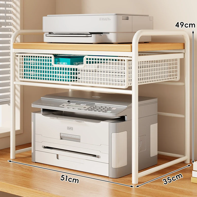 Zwei-Tier Metall- und Holzdruckerstand mit schiebbarer Mesh-Schublade und Unterregal-Speicher