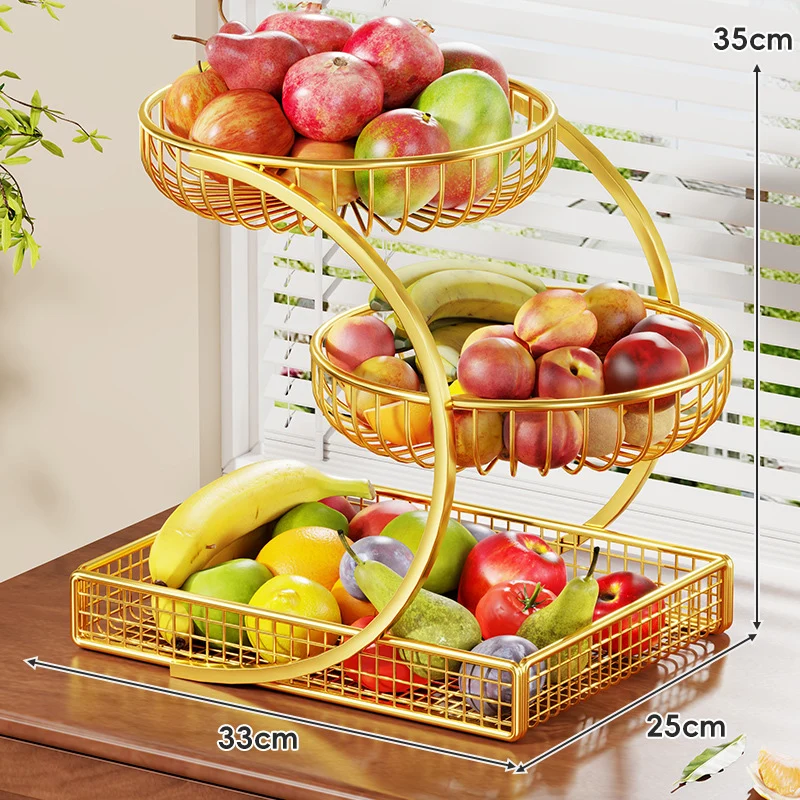 Dreischichtiger Gold-Mesh-Obstkorb Theken-Organizer mit gebogenem Rahmen