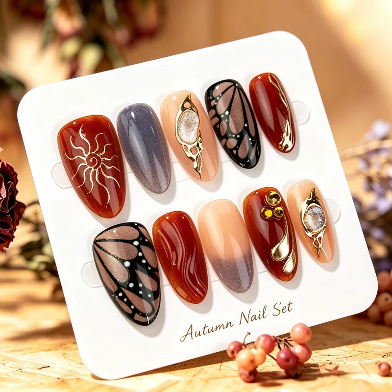 Künstlerisches, herbstinspiriertes Press-On-Nagelset