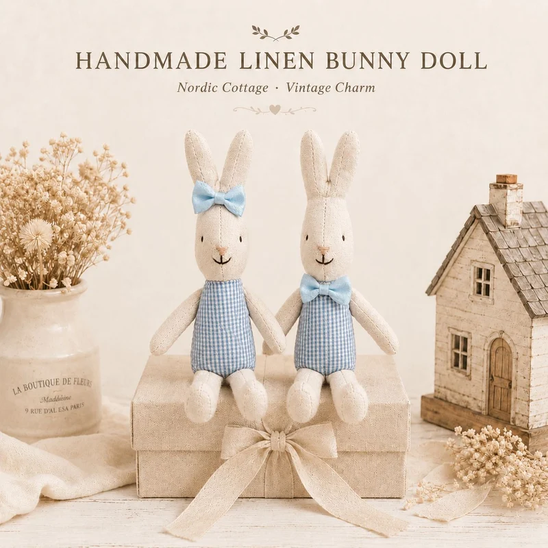 Handgenähte Leinen-Hasen-Schnuffeltuch-Puppe mit Karo-Taschenkleid