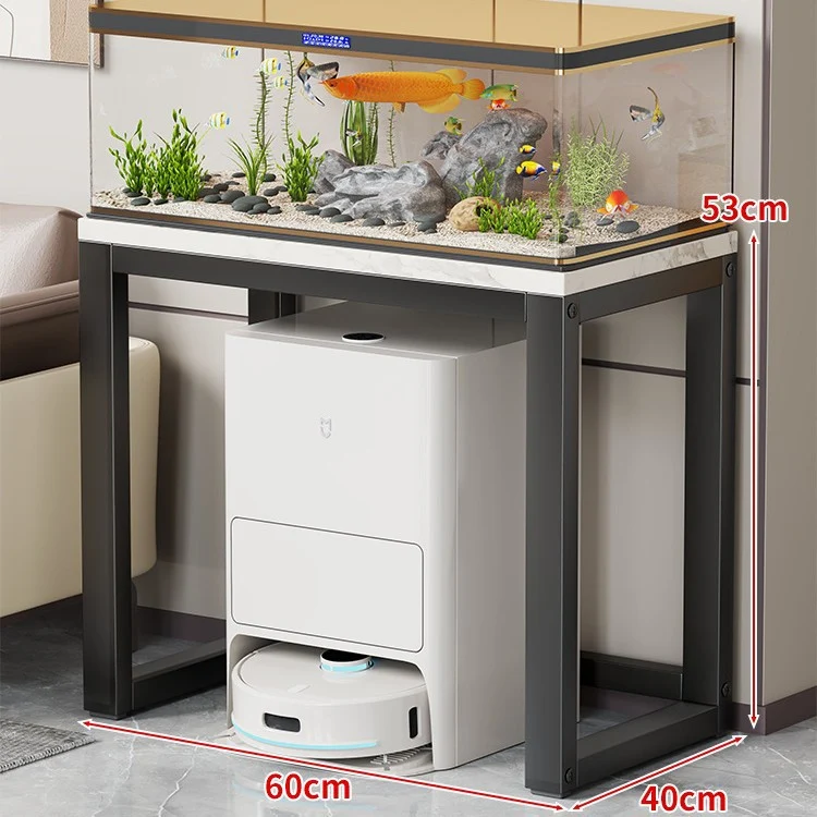 Gold-Metall-Aquarium-Konsole mit Kunstmarmorplatte und Robotersauger-Aufbewahrung