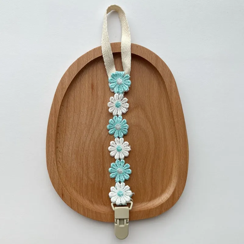 Bestickte Gänseblümchen Baumwoll-Schnullerkette mit Sicherheitsclip