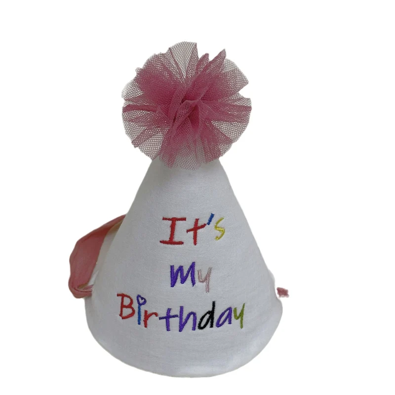 Bestickte Baumwoll-Geburtstags-Tüten-Party-Haube mit Tüll-Pom und Bandbändern