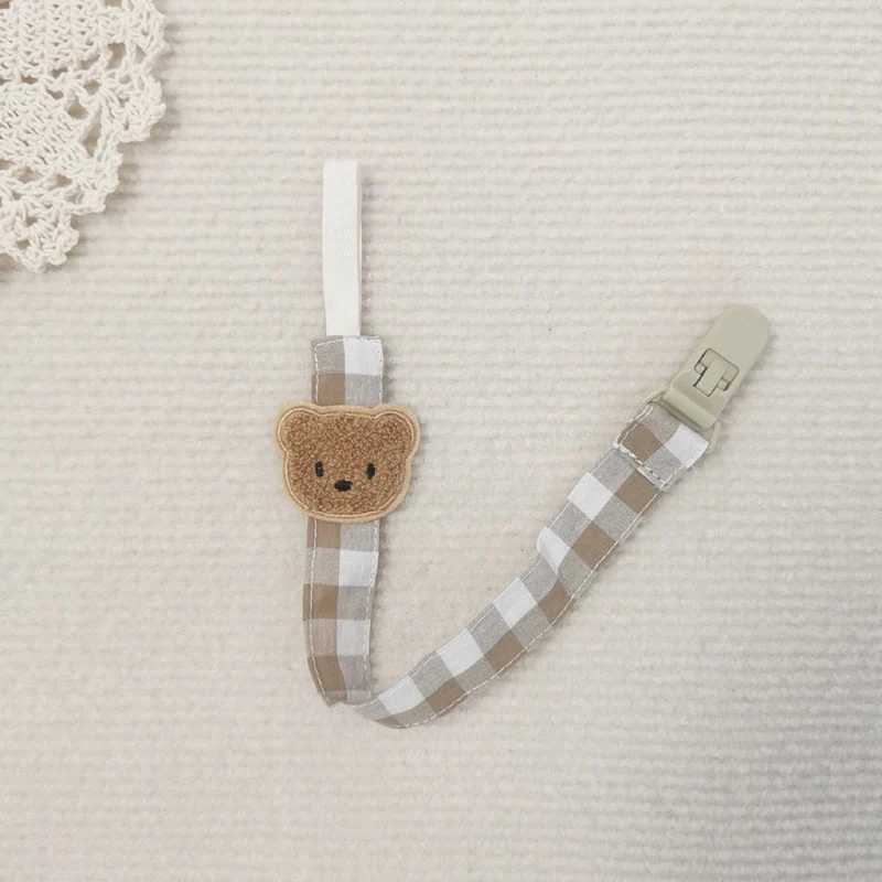 Baumwoll-Gingham-Schnullerclip mit plüschigem Bärenapplikation und Schnellverschluss-Sicherheitsclip
