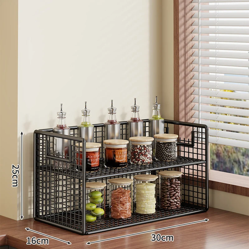 Kompakter zweistufiger Metallgitter-Theken-Gewürz- und Vorratsglas-Organizer