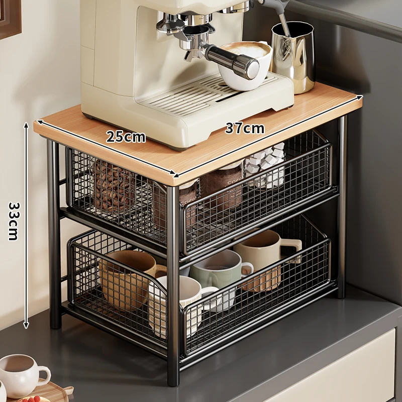 Kompakte Zwei-Ebenen-Countertop-Kaffee-Station-Organizer mit Holzoberfläche und herausziehbaren Drahtgitterkörben