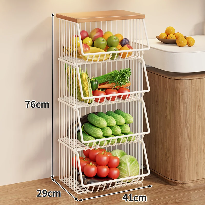 Kompakter dreistufiger rollbarer Drahtgemüse- und Obstlagerwagen mit Holzoberfläche