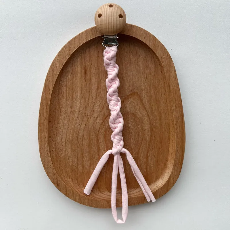 Geflochtene Baumwoll-Schnullerkette mit Holzsicherheitsklemme