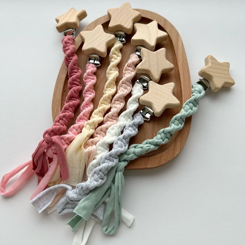 Geflochtene Baumwolle Schnuller und Beißring Clip mit Holzsternclip