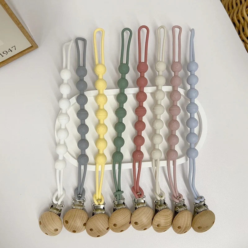 Baby Silikonperlen Beißring Schnullerclip mit Holz Sicherheitsclip