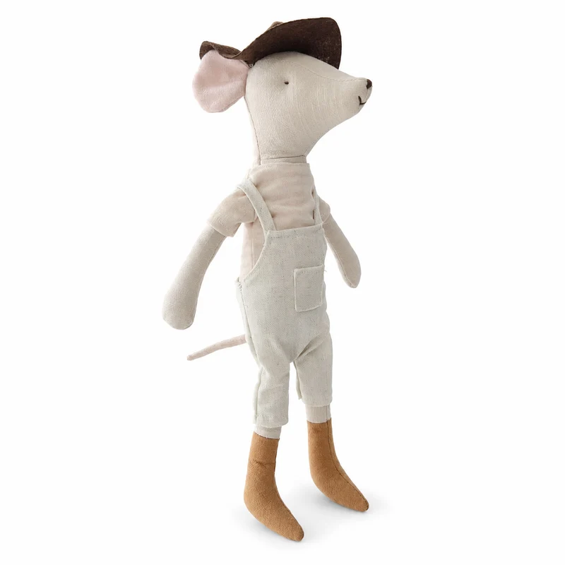 Handgefertigte Bio-Baumwolle Hasenpuppe mit Leinenjacke und karierten Shorts