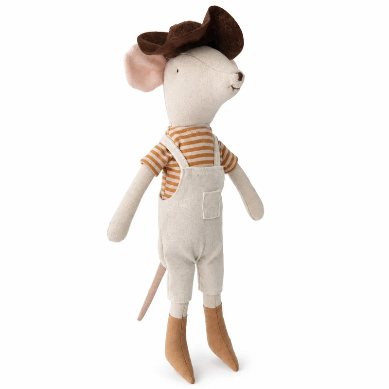 Handgefertigte Bio-Baumwolle Hasenpuppe mit Leinenjacke und karierten Shorts