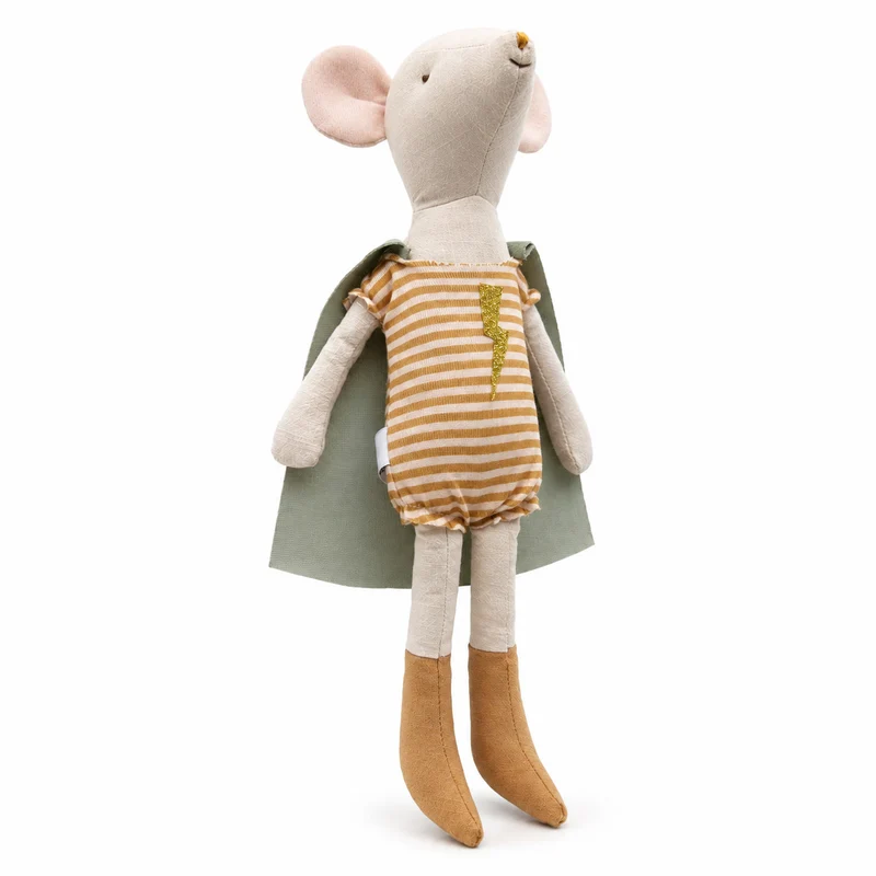 Handgefertigte Bio-Baumwolle Hasenpuppe mit Leinenjacke und karierten Shorts
