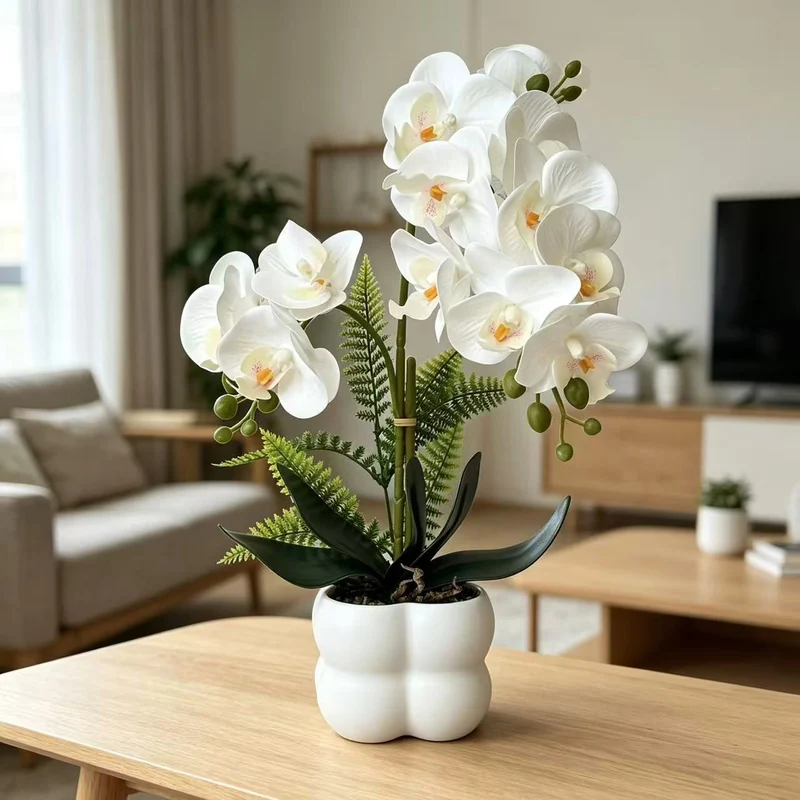 Premium lebensechte Orchideenpflanzenarrangement
