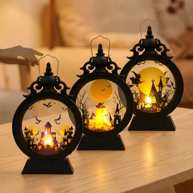 LED-Deko-Tischlaterne mit Halloween-Silhouetten und warmweißem Leuchten