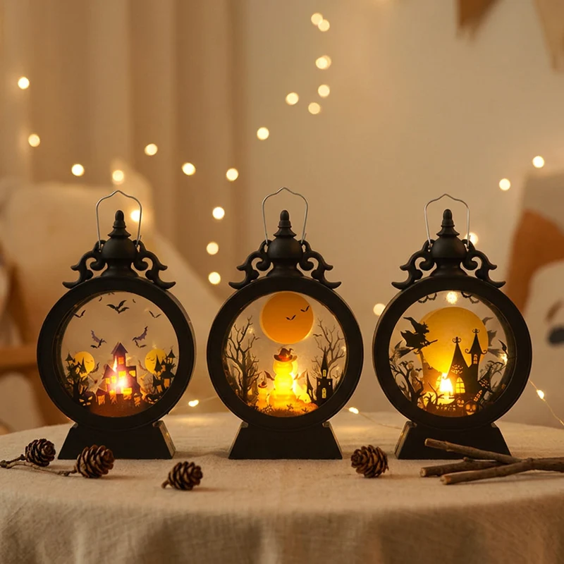 LED-Deko-Tischlaterne mit Halloween-Silhouetten und warmweißem Leuchten