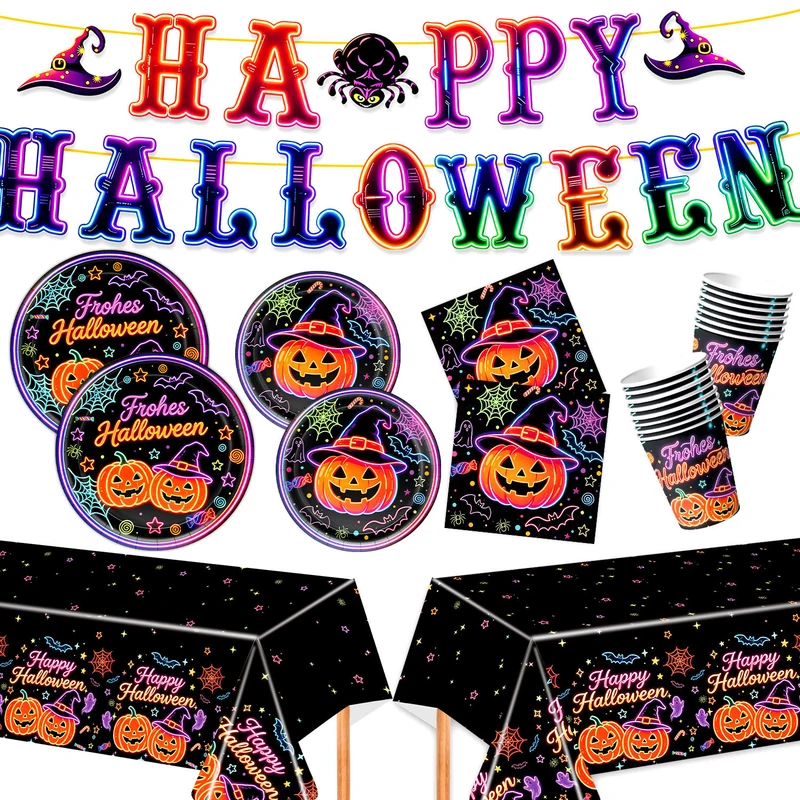 Komplettes Halloween-Party-Tischdekor-Set mit Neon-Kürbisdesign Einweggeschirr und Girlande