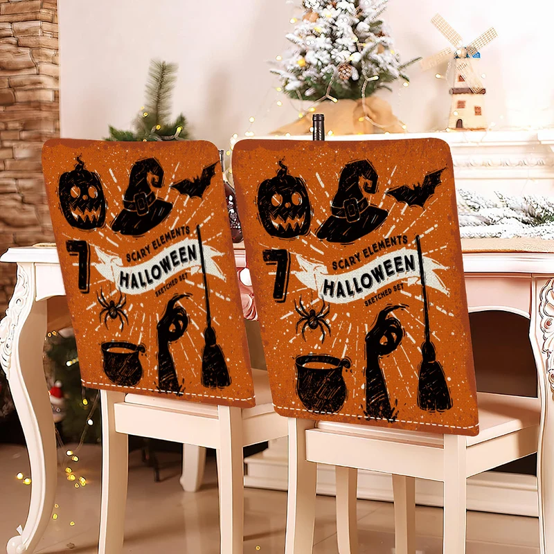 festliche Halloween-Stuhlhussen aus dehnbarem Polyester mit Hexenhut- und Schriftzug-Motiv