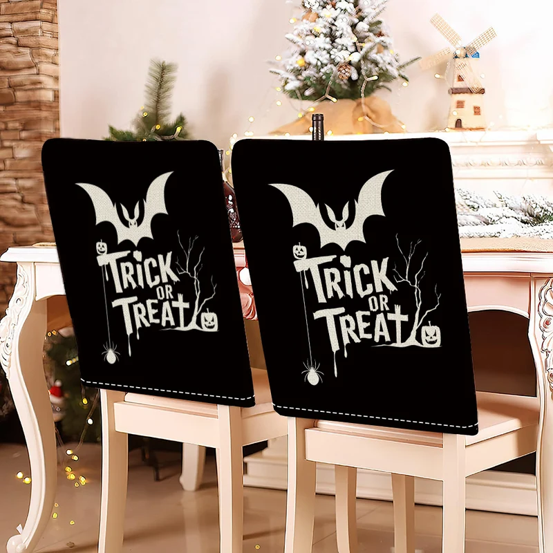 festliche Halloween-Stuhlhussen aus dehnbarem Polyester mit Hexenhut- und Schriftzug-Motiv