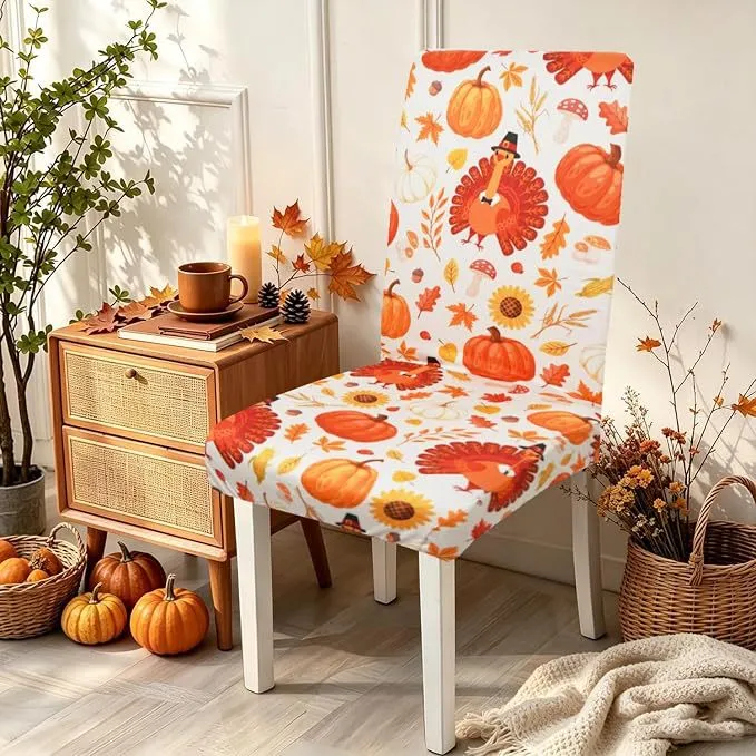 Stretch-Stuhlhusse mit herbstlichem Kürbis- und Blattmotiv