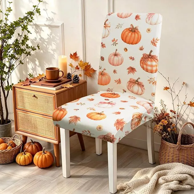 Stretch-Stuhlhusse mit herbstlichem Kürbis- und Blattmotiv