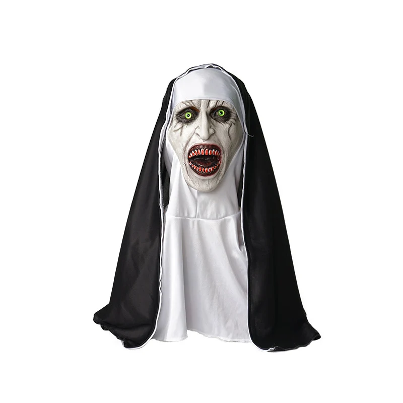 Horrormaske Nonne aus Latex mit realistischer Gesichtsprofilierung und Stoffkapuze