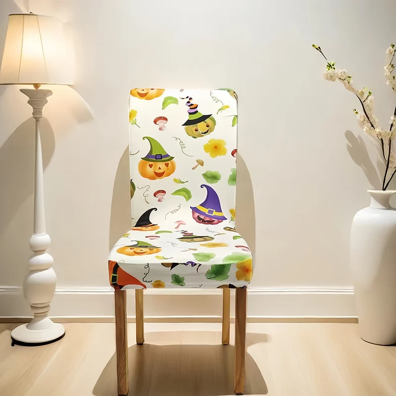 Elastische Stuhlhusse für hohe Rückenlehnen mit Halloween-Kürbis- und Hexenhut-Print
