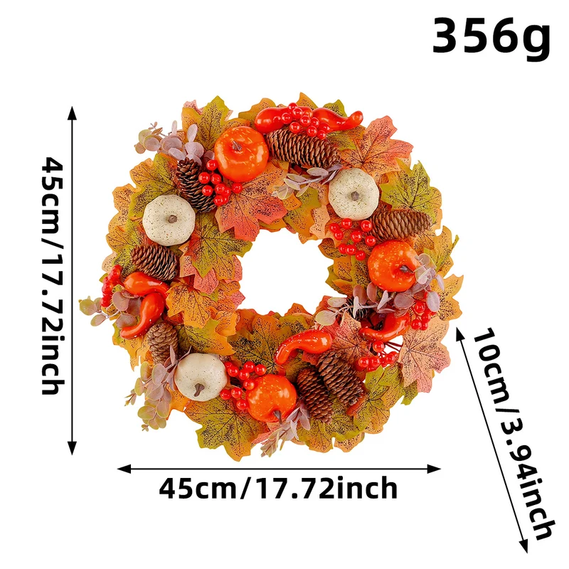 Herbstlicher Türkranz mit künstlichen Ahornblättern, Zapfen und Deko-Kürbissen