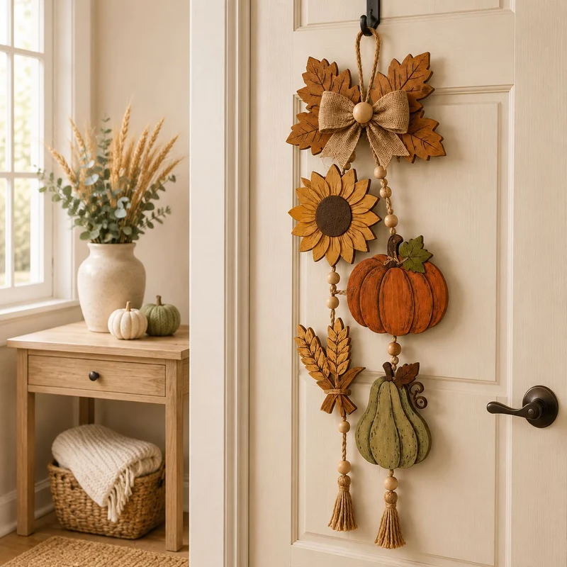 Herbstliche Wandhänger‑Girlande aus Holzoptik mit Kürbis, Sonnenblume und Quasten