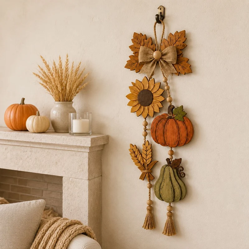 Herbstliche Wandhänger‑Girlande aus Holzoptik mit Kürbis, Sonnenblume und Quasten