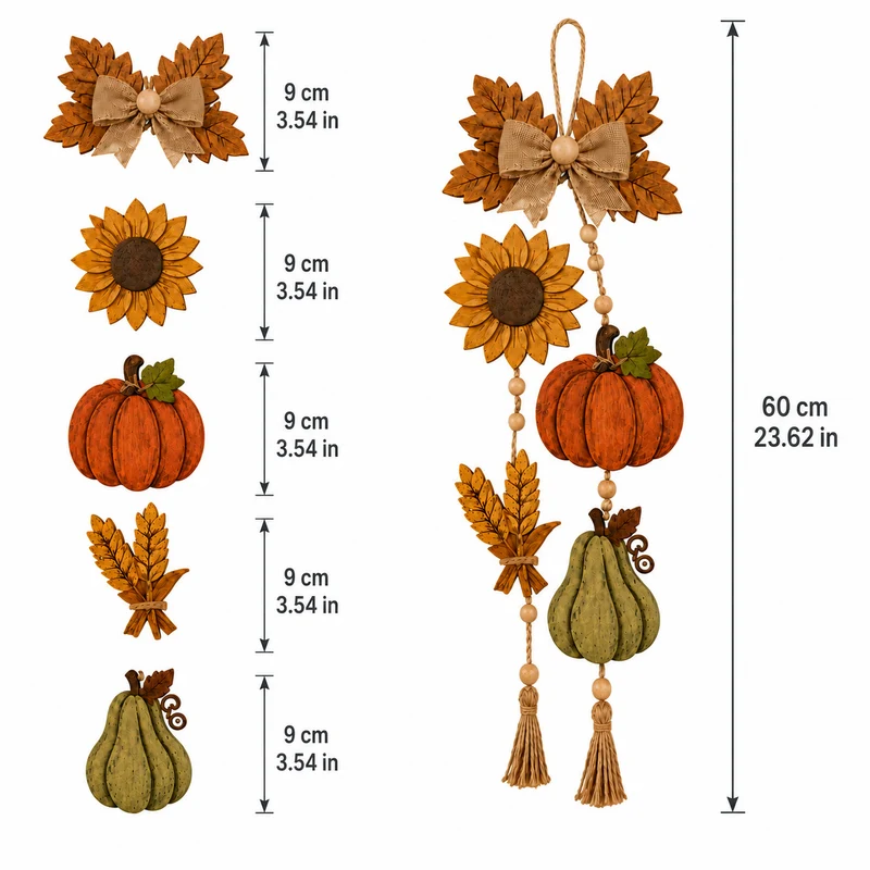 Herbstliche Wandhänger‑Girlande aus Holzoptik mit Kürbis, Sonnenblume und Quasten