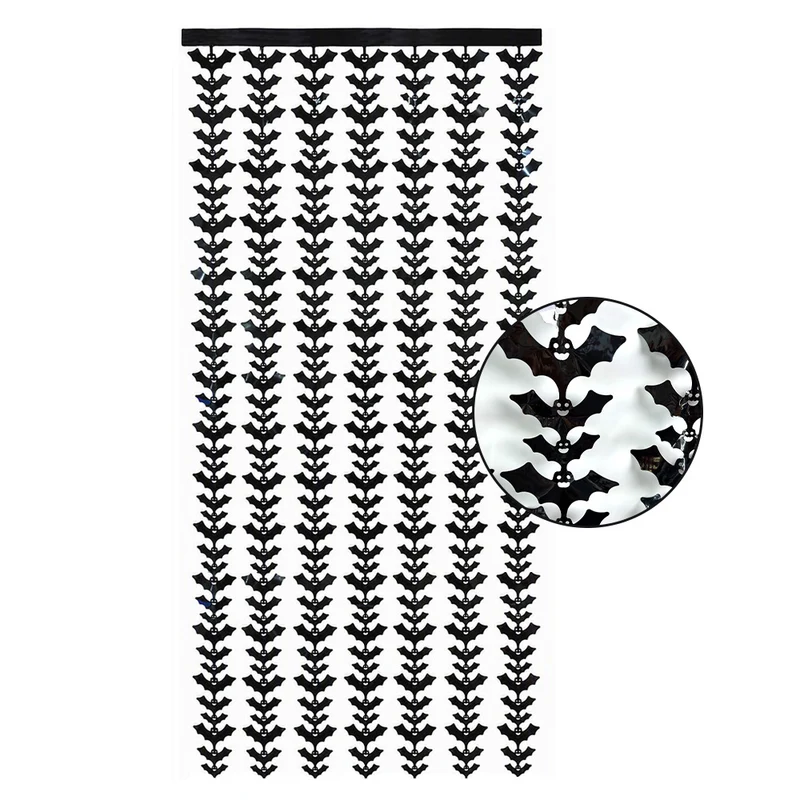 Hängender Halloween-Vorhang aus Metallic-Folienstreifen mit Fledermaus-Silhouetten