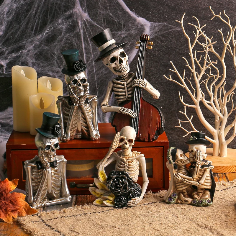 Detaillierte Resin-Halloween-Dekofigur Skelett mit Kontrabass