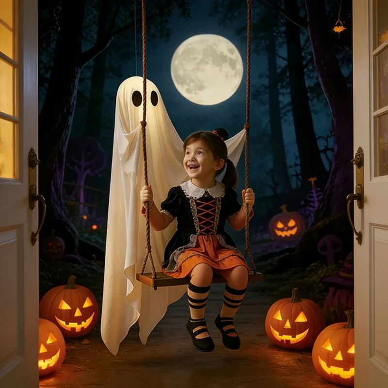 Kinder-Halloween-Kostümkleid mit Schnürmieder, Tüllrock und gestreiften Kniestrümpfen